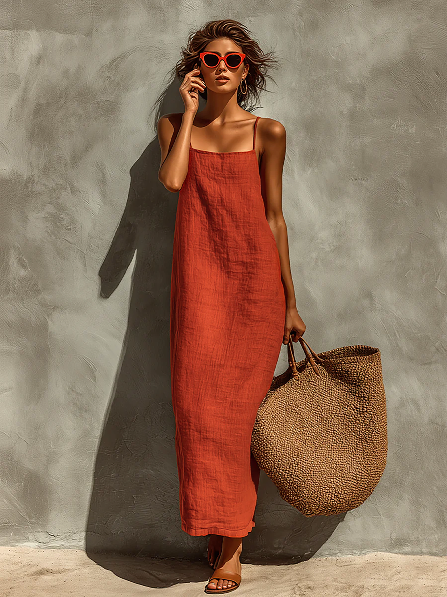 Vestido de Algodón con Tirantes Finos y Escote Cuadrado, Estilo Boho-Resort Atemporal