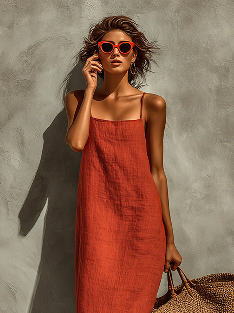 Vestido de Algodón con Tirantes Finos y Escote Cuadrado, Estilo Boho-Resort Atemporal
