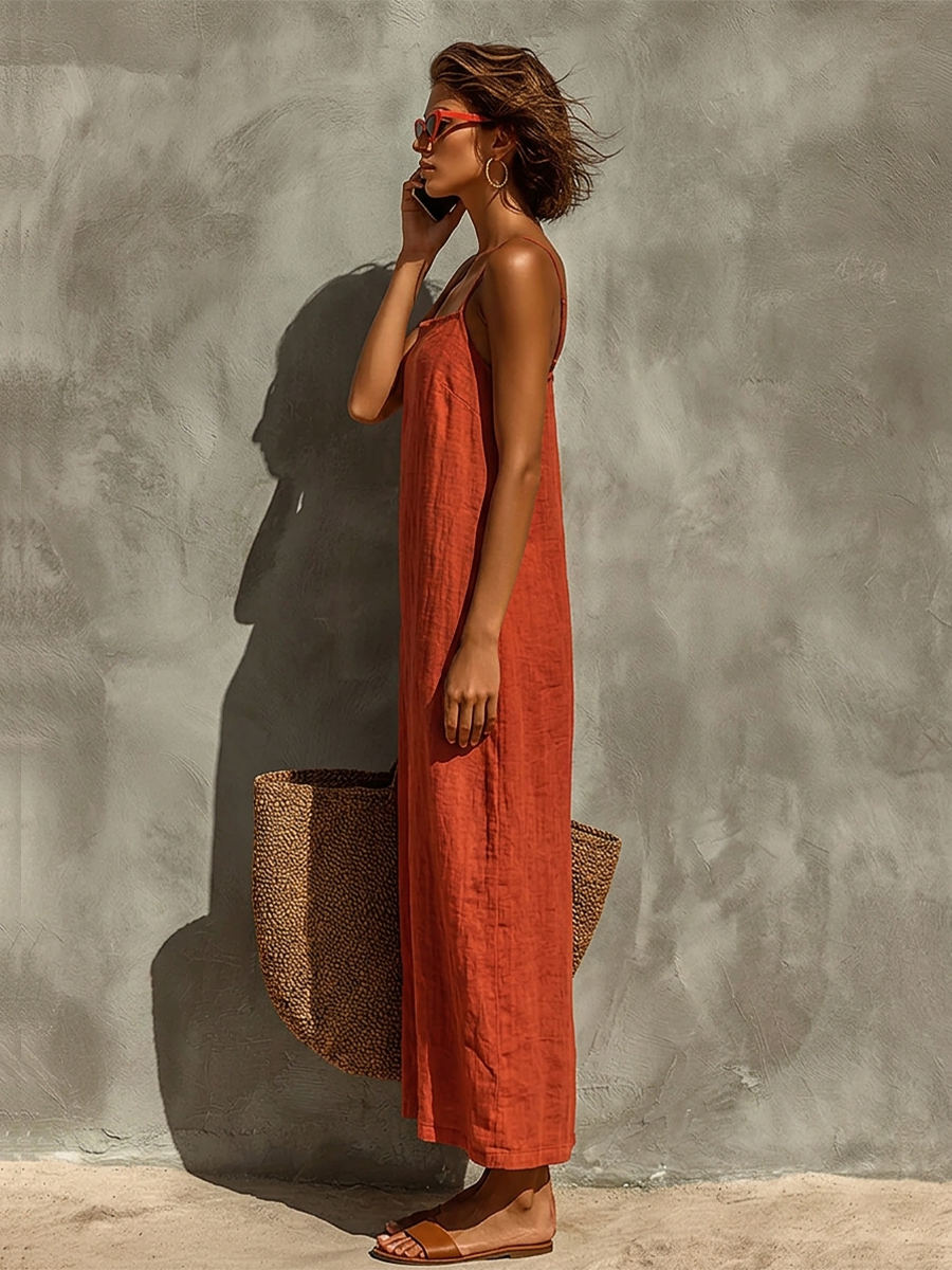 Vestido de Algodón con Tirantes Finos y Escote Cuadrado, Estilo Boho-Resort Atemporal