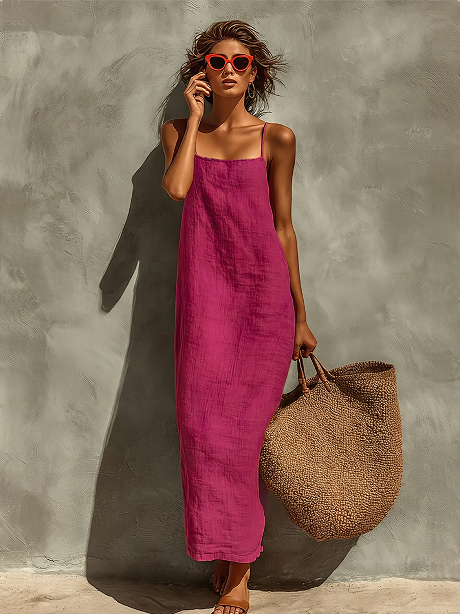 Vestido de Algodón con Tirantes Finos y Escote Cuadrado, Estilo Boho-Resort Atemporal