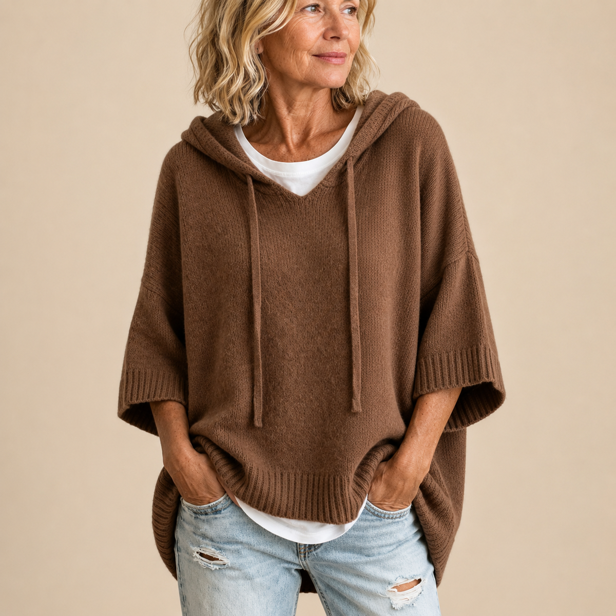Ottavia | Poncho de Punto con Capucha y Manga Tres Cuartos