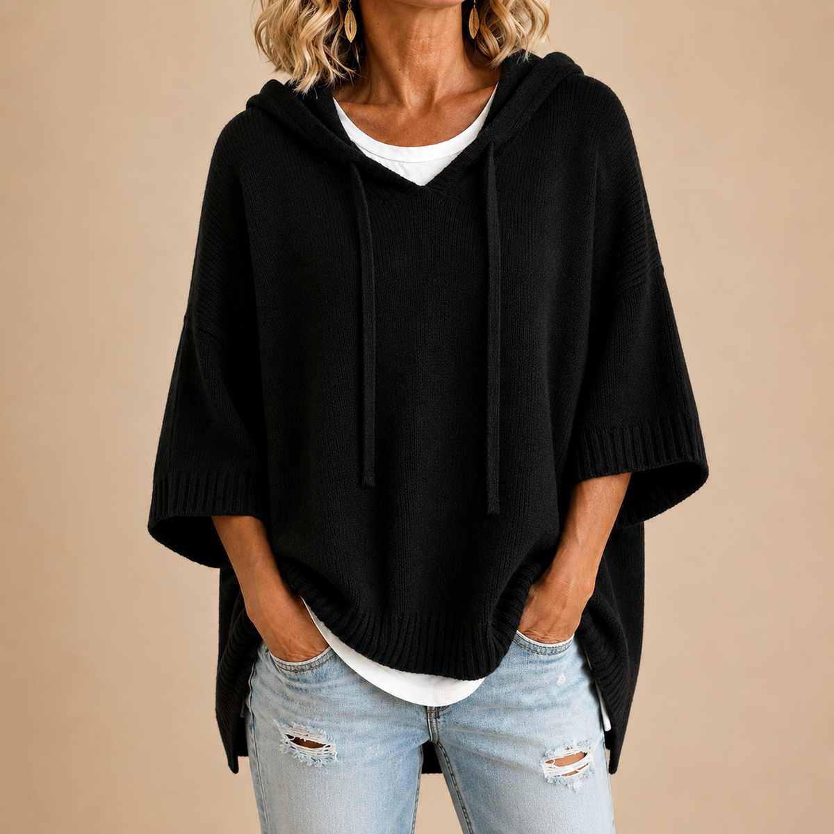 Ottavia | Poncho de Punto con Capucha y Manga Tres Cuartos