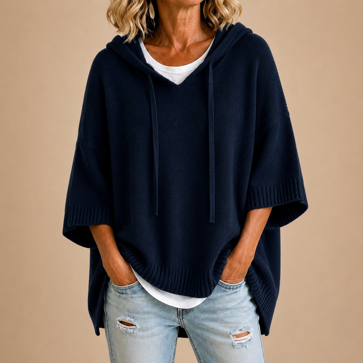 Ottavia | Poncho de Punto con Capucha y Manga Tres Cuartos