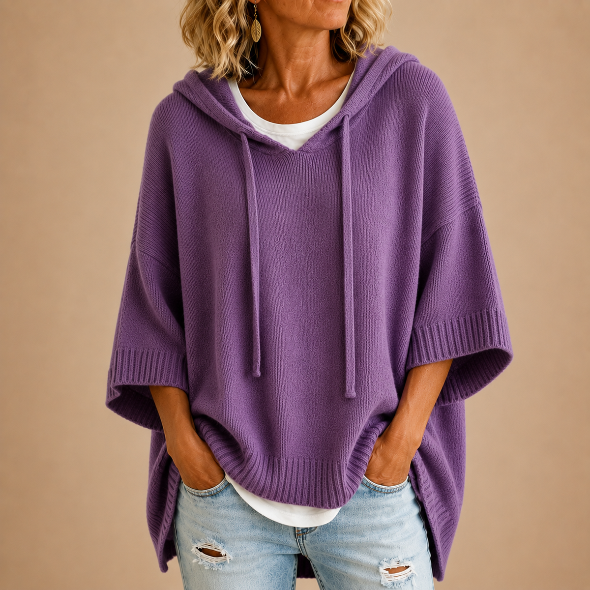 Ottavia | Poncho de Punto con Capucha y Manga Tres Cuartos