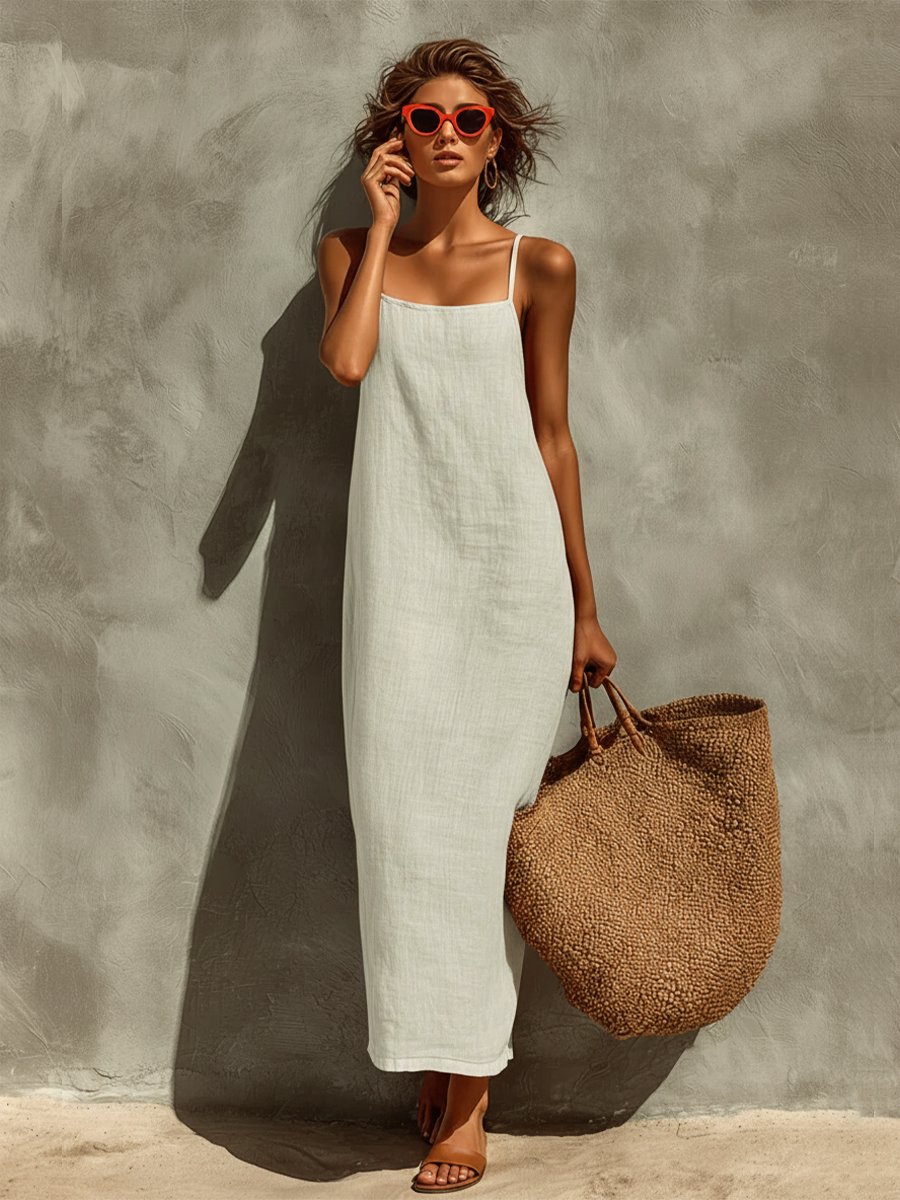 Vestido de Algodón con Tirantes Finos y Escote Cuadrado, Estilo Boho-Resort Atemporal