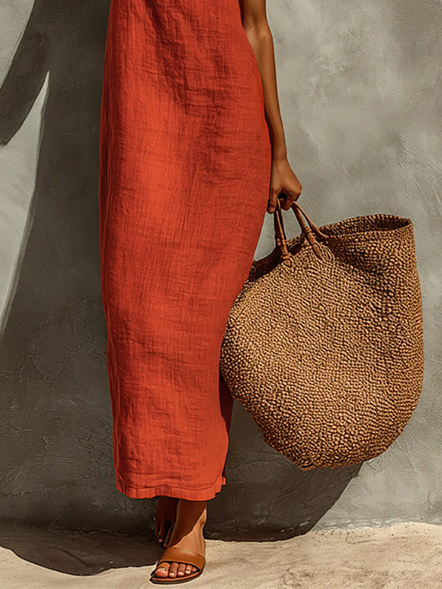 Vestido de Algodón con Tirantes Finos y Escote Cuadrado, Estilo Boho-Resort Atemporal