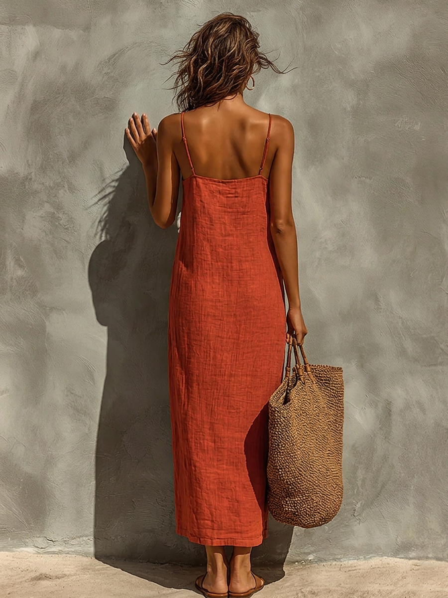 Vestido de Algodón con Tirantes Finos y Escote Cuadrado, Estilo Boho-Resort Atemporal