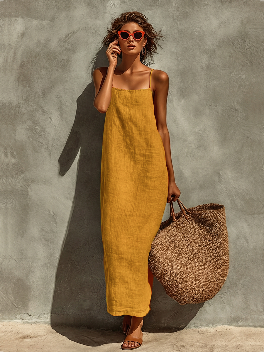 Vestido de Algodón con Tirantes Finos y Escote Cuadrado, Estilo Boho-Resort Atemporal